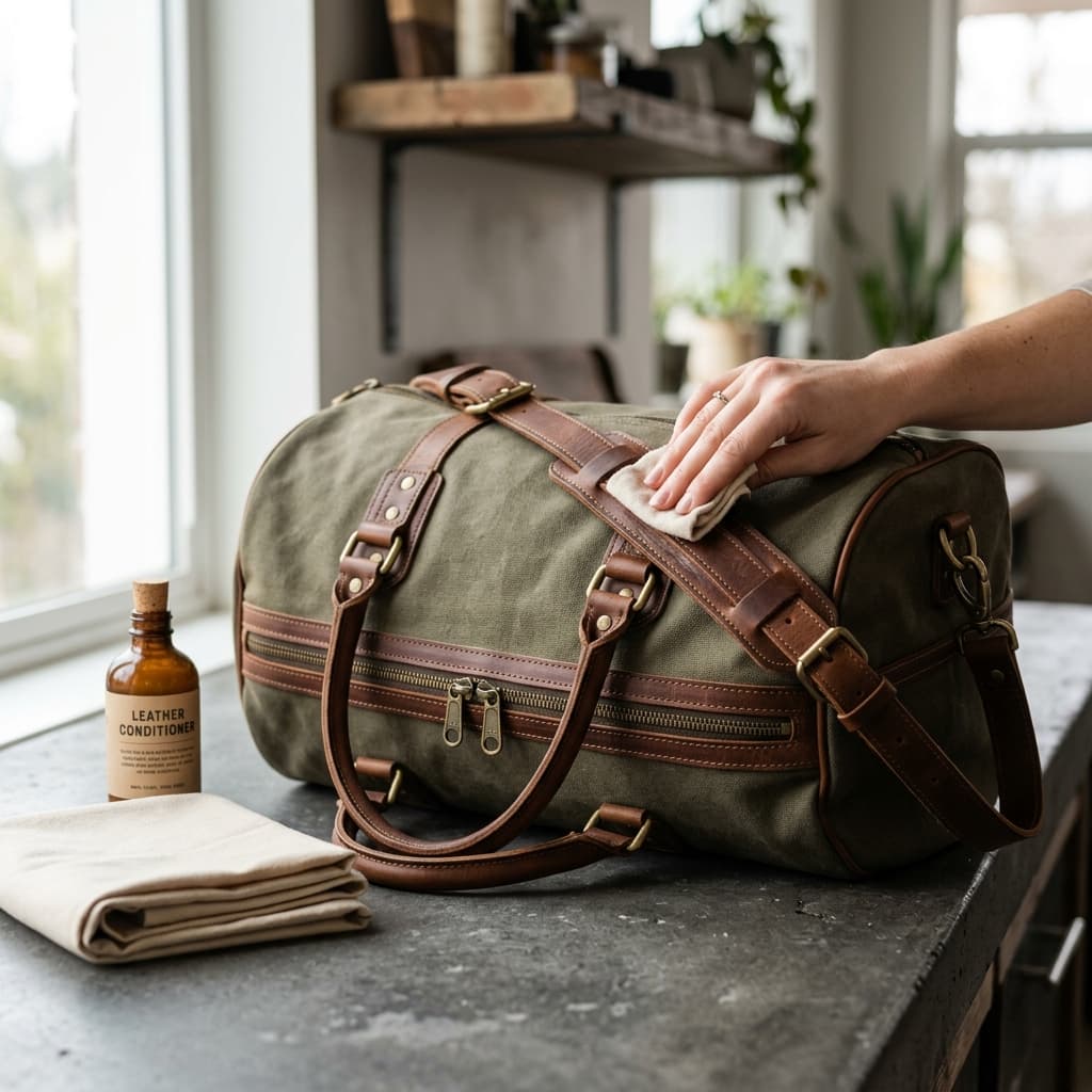 A leather duffel bag being conditioned with care